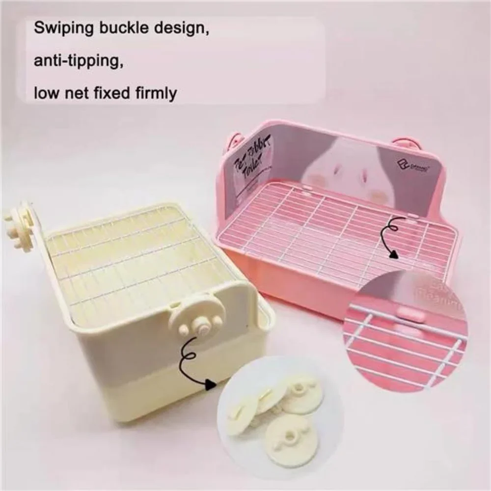 5-in-1 Rabbit Litter Box with Hay Food Feeding Setv((Medium(Pink)))